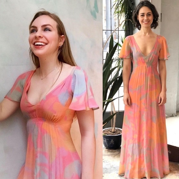 VEDA Bright Floral Short Flutter Sleeve V-Neck Ruched Empire Waist Maxi Dress XS - Picture 3 of 16